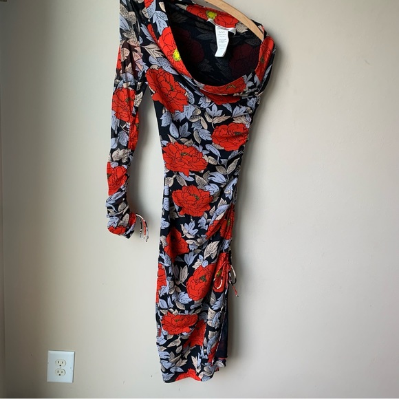 Diane Von Furstenburg single sleeve floral side tie ruched dress - Picture 8 of 9